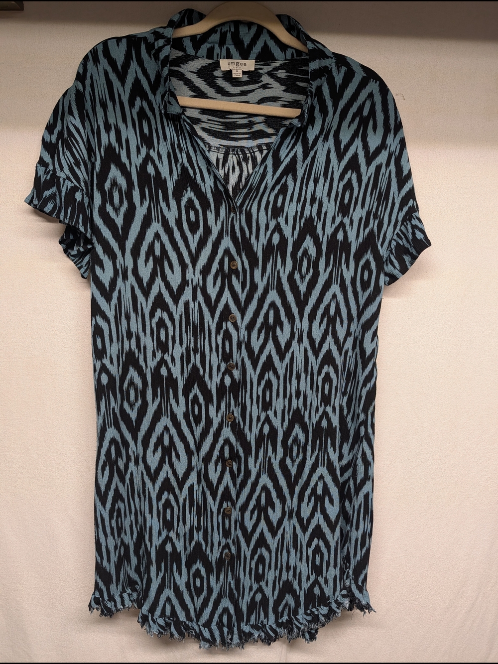 Umgee Black and Blue Ikat Button-Front Shirt Dress